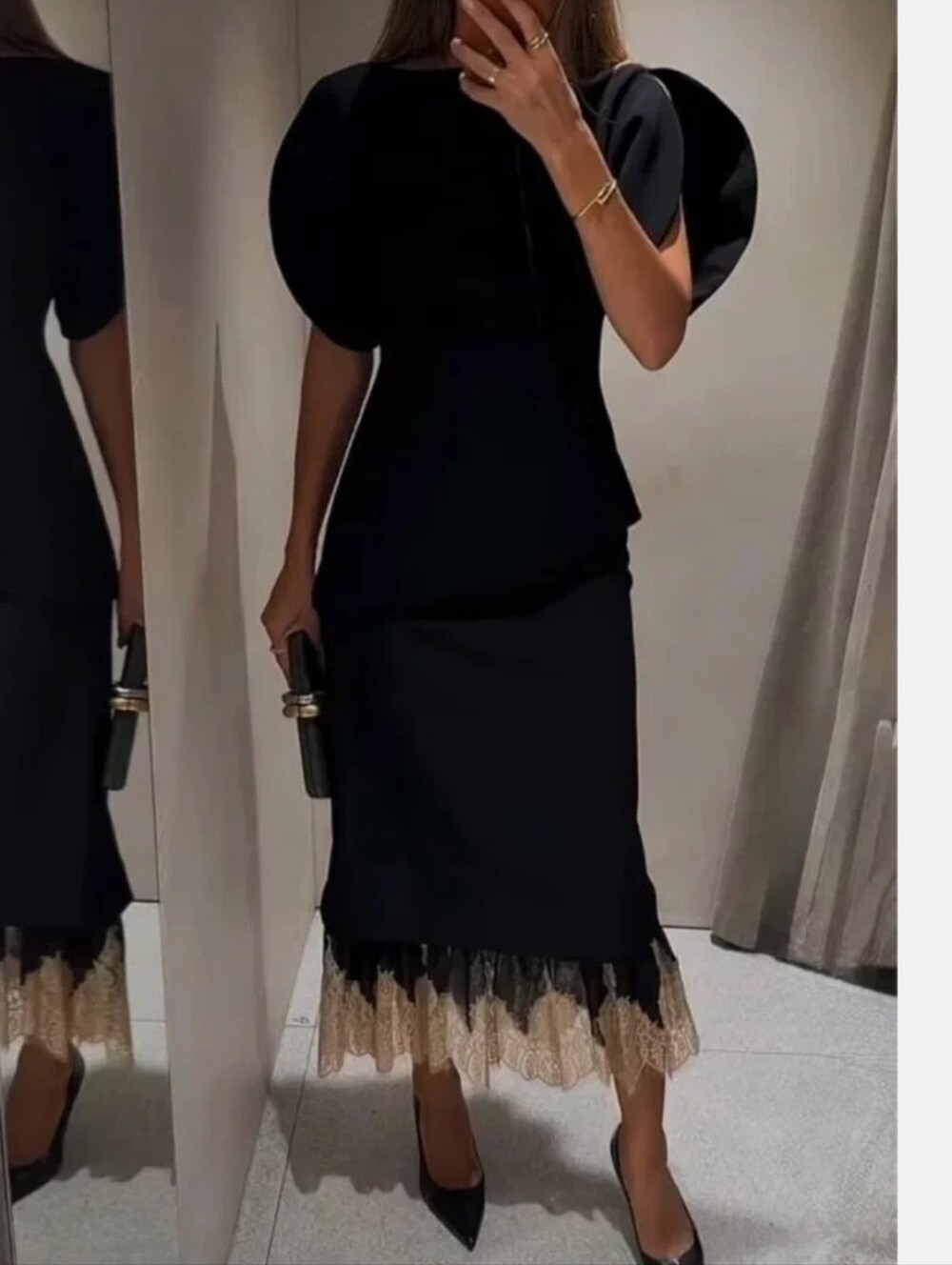 Zara Midi Skirt NWT Black Pencil Skirt With Lace Trim Size Large - Picture 5 of 15